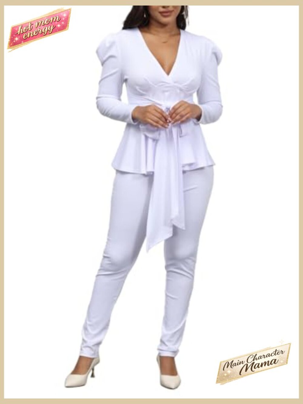 2 Piece Blazer with Pants Deep V Long Sleeve Slim Fit Ruffle Hem Business Suit - Picture 6 of 7